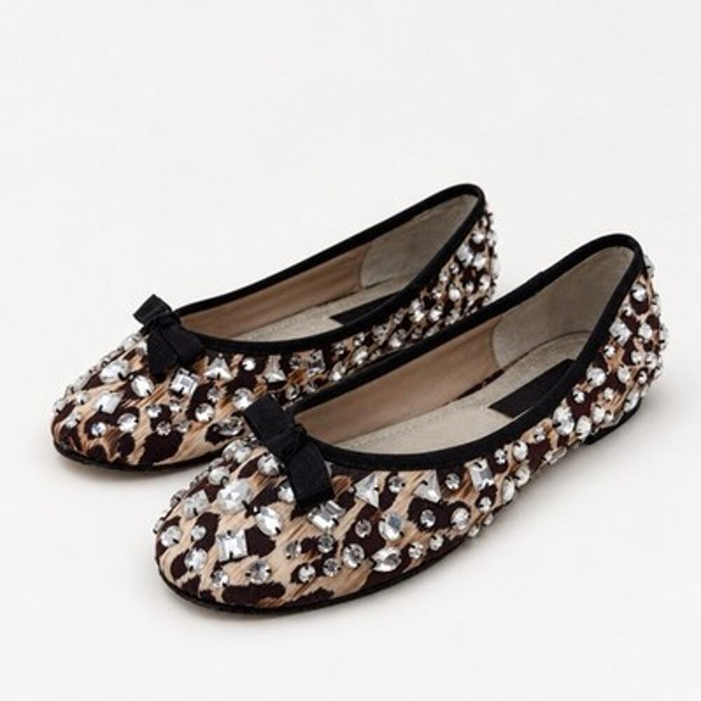 Beverly Feldman Leopard Print Crystal Embellished Flats Shoes Size 9.5 Vintage